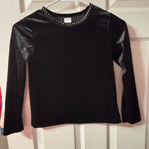 Black Velvet Long Sleeve Top with Studded Neckline